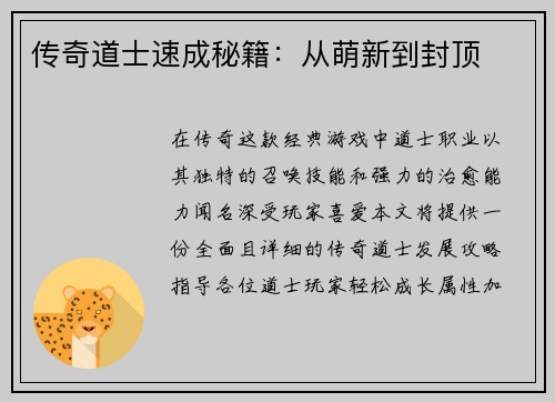 传奇道士速成秘籍：从萌新到封顶