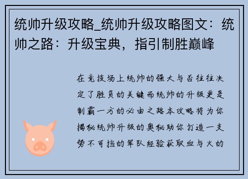 统帅升级攻略_统帅升级攻略图文：统帅之路：升级宝典，指引制胜巅峰