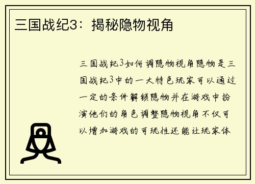 三国战纪3：揭秘隐物视角